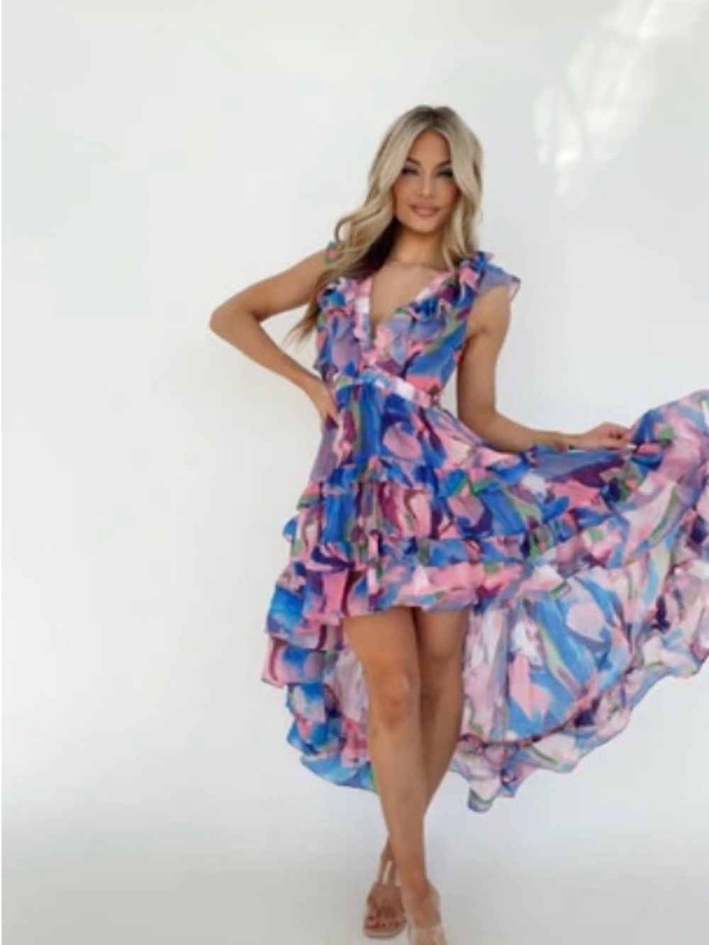 Ruffled High-Low Floral Dress in Pink and Blue